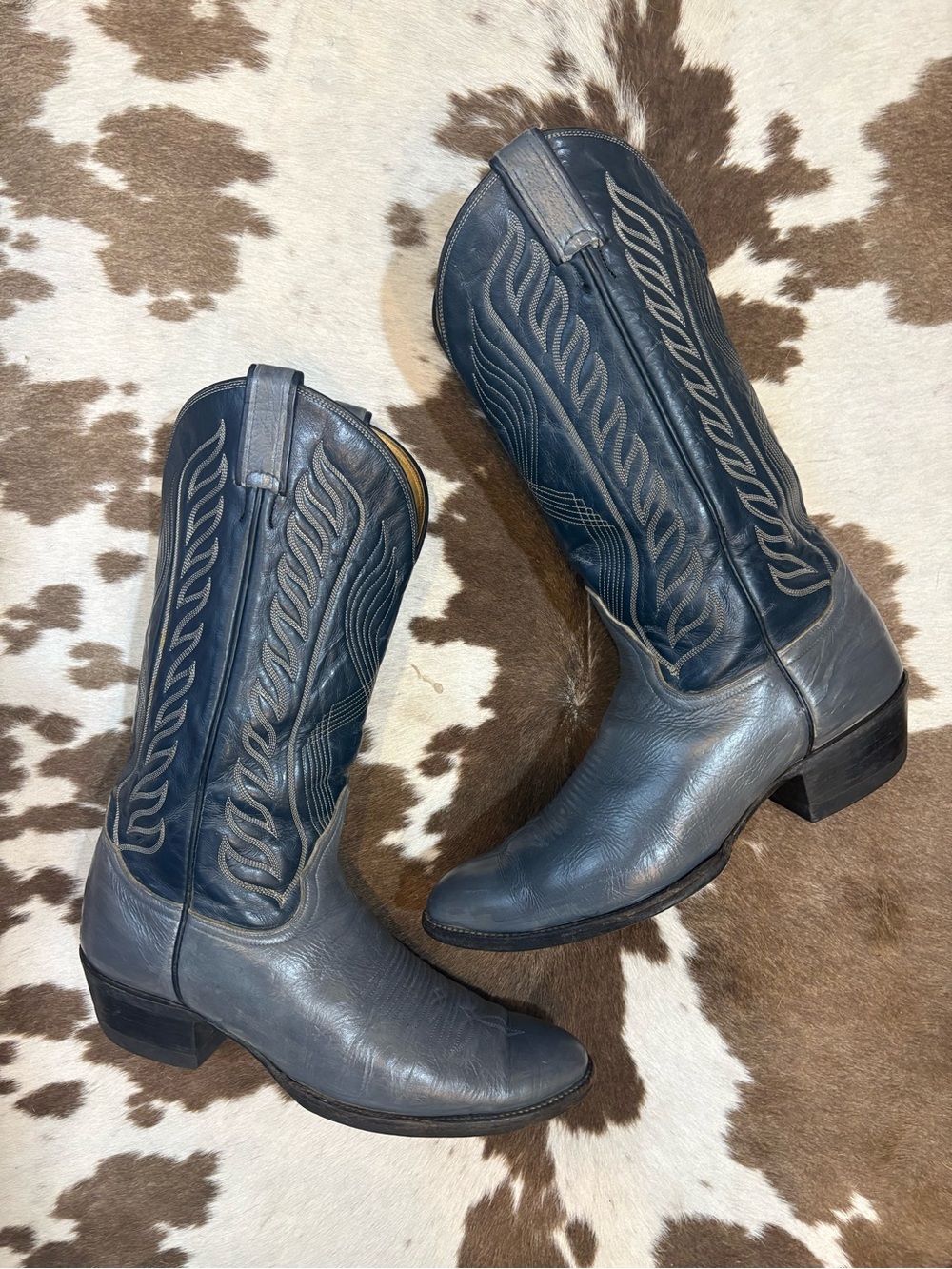 Vintage Black Label Tony Lama Two-Tone Gray and Navy  Leather Cowboy Boots 9 1/2